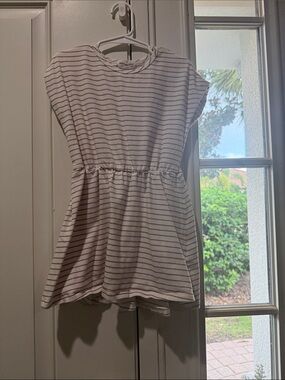 Girls' Teracotta & White Striped Casual Knit Dress with Gathered Waist